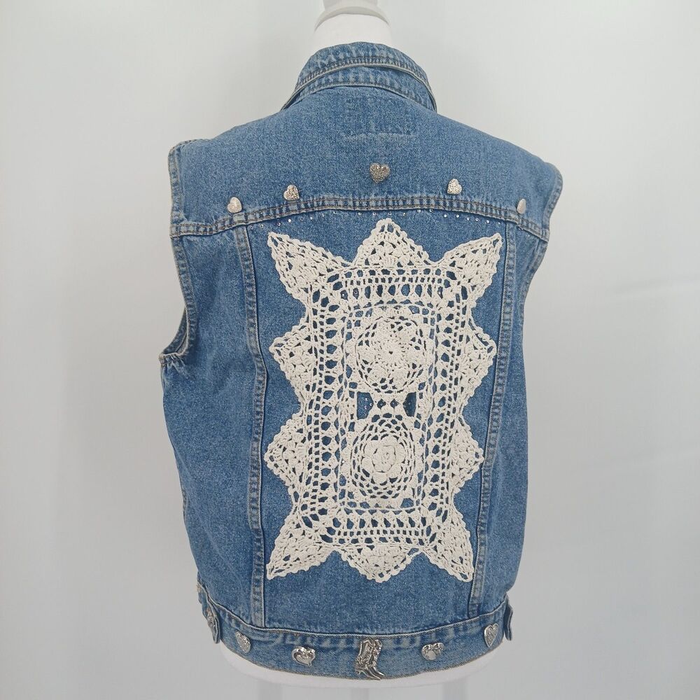 Vintage P.S. Gitano Women's Size Large Blue Denim & Lace Vest Heart Buttons